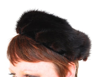 Vintage Mink Pillbox Hat Dark Chocolate Brown Pieced Fur Abraham & Straus Winter Hat Millinery 1950's // Vintage Accessories