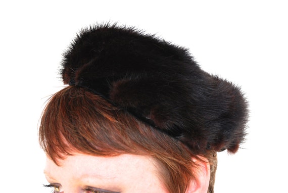 Vintage Mink Pillbox Hat Dark Chocolate Brown Pie… - image 1