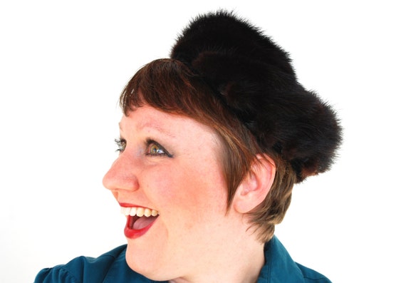 Vintage Mink Pillbox Hat Dark Chocolate Brown Pie… - image 2