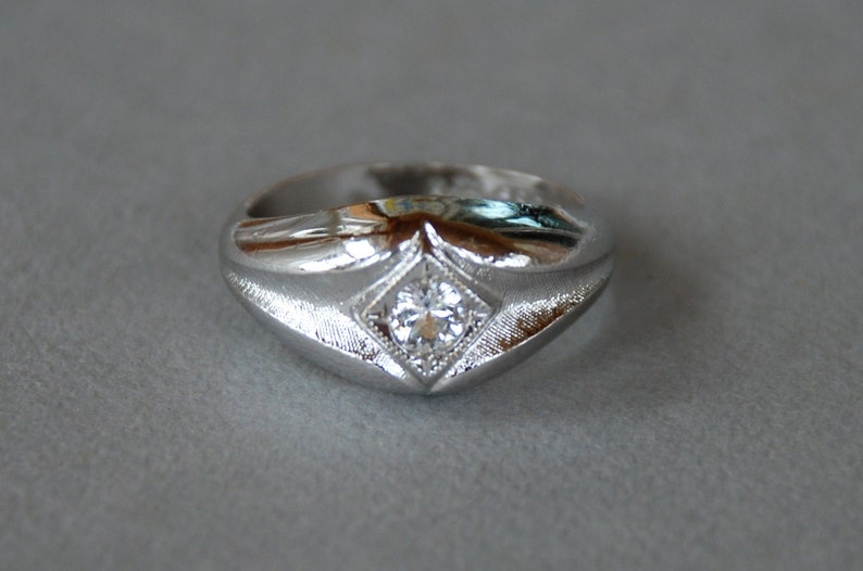 Mens Uncas Ring Karatclad 18K HGE White Gold Electroplate Faux Diamond Unisex Size 9 1960's // Vintage Jewelry image 1