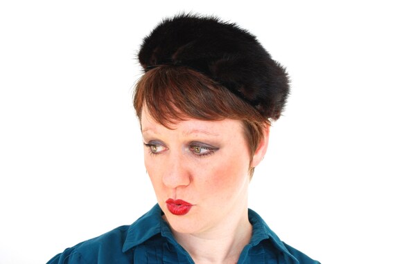 Vintage Mink Pillbox Hat Dark Chocolate Brown Pie… - image 3