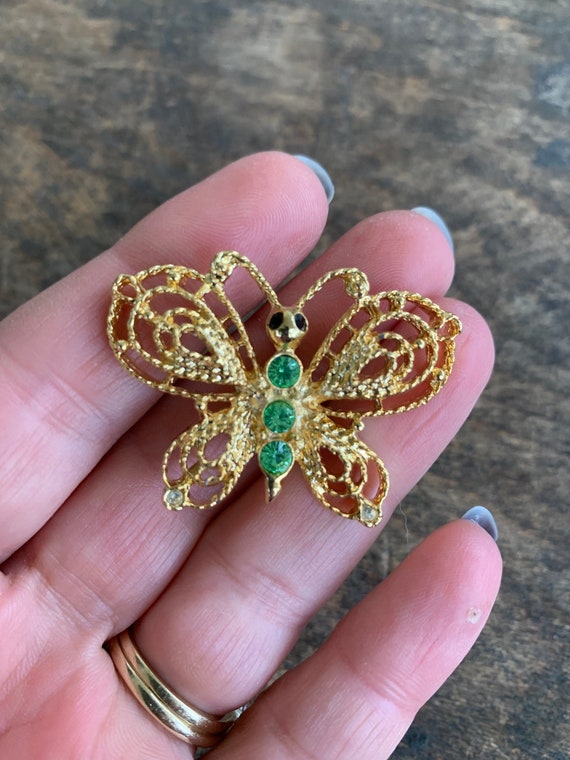 Vintage NEW VIEW Rhinestone Butterfly Brooch Gold… - image 1