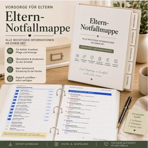 Könnte beinhalten: Ein weißer Ringordner mit dem Titel Eltern-Notfallmappe, ausgestattet mit Registerkarten für Notfallkontakte, Medikamente, Versicherungen und Vollmachten. Der geöffnete Ordner zeigt ein Inhaltsverzeichnis und Checklisten.
