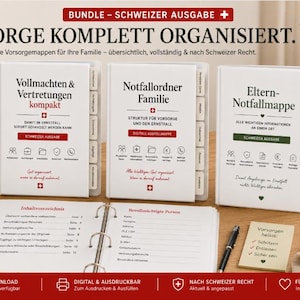 Puede incluir: Tres carpetas blancas tituladas Vollmachten & Vertretungen, Notfallordner Familie y Eltern-Notfallmappe, con separadores. Una carpeta abierta muestra un índice y un formulario para personas autorizadas, junto a un bolígrafo y una nota.