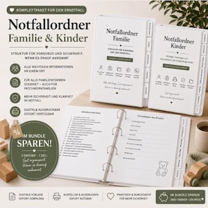 Könnte beinhalten: Ein Set weißer Ordner mit der Aufschrift "Notfallordner Familie" und "Notfallordner Kinder" mit Text und Symbolen. Die Ordner sind geöffnet, um die Innenseiten zu zeigen. Das Bild enthält auch Holzspielzeug.