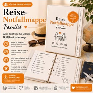 Puede incluir: Un archivador blanco con la etiqueta "Reise-Notfallmappe Familie" con pestañas para información de viaje. El archivador abierto muestra una lista de verificación de viaje detallada. Un sombrero de paja, gafas de sol y un globo terráqueo están en el fondo.