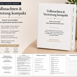 May include: A white binder titled "Vollmachten & Vertretung kompakt" with text in German. The binder has labeled tabs and is open to reveal pages with text. A black pen rests on the wooden surface next to the binder. The image also includes a small vase with greenery.