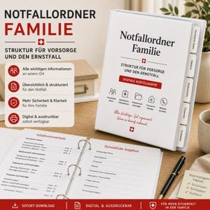 Puede incluir: Una carpeta de tres anillas blanca titulada Notfallordner Familie con separadores para datos personales, información médica, documentos, finanzas y contactos. La carpeta abierta muestra un índice y un formulario con un bolígrafo.