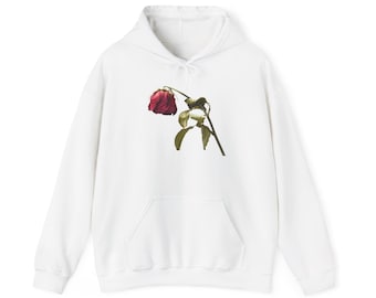 Sudadera con capucha de rosa marchita / Ilustración de rosa caída, estética minimalista