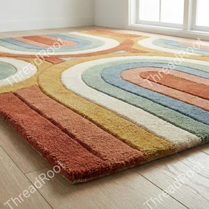 May include: A colorful area rug with a retro rainbow design. The rug features curved and straight lines in shades of orange, yellow, green, blue, and white. The rug is made of a soft, textured material.