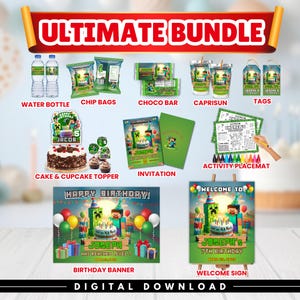 May include: A collection of party supplies with a Minecraft theme, including water bottles, chip bags, chocolate bars, Capri Sun drinks, tags, cake and cupcake toppers, invitations, activity placemats, a birthday banner, and a welcome sign. The banner reads "Happy Birthday!" and "Digital Download."