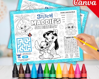 Edytowalna podkładka z motywem Lilo Stitch, spersonalizowana podkładka z motywem Stitch i anioła, kolorowanka Stitch, tropikalne upominki urodzinowe dla dzieci