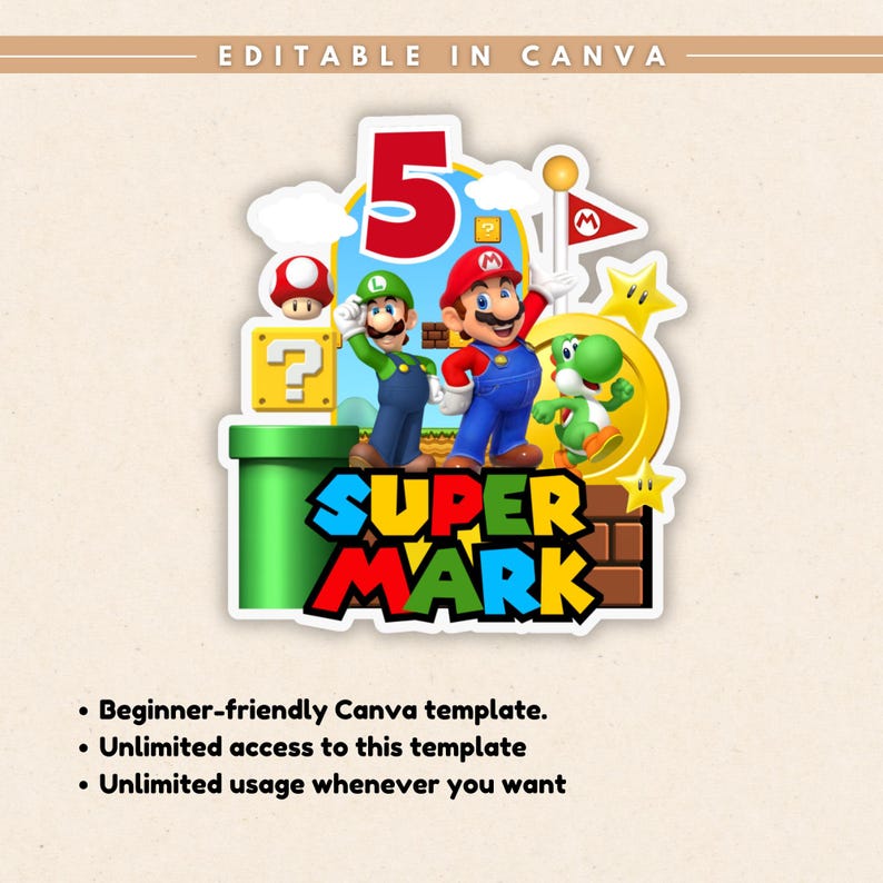 K&ouml;nnte beinhalten: Eine digitale Grafik mit der roten Zahl 5, den Charakteren Mario und Luigi, einem gr&uuml;nen Rohr, einem gelben Fragezeichen-Block, einer roten Flagge, einer Goldm&uuml;nze, einem Stern und einem gr&uuml;nen Yoshi. Der Text SUPER MARK steht in fetten Buchstaben.
