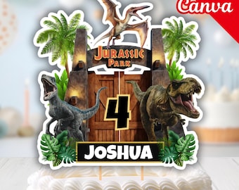 Topper na tort z motywem Jurassic Park, edytowalny topper na tort z motywem Jurassic, dekoracja na przyjęcie z dinozaurami, drukowane dekoracje na tort urodzinowy dla dzieci Canva