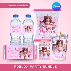 May include: A digital party supply bundle featuring pink-themed labels for water bottles, chip bags, candy bars, juice pouches, and a thank you tag. Each item displays Roblox-style characters, the text Amelia is turning 6, and March 15, 2025.