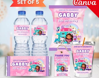 Zestaw na przyjęcie urodzinowe w domku dla lalek Gabby, upominki na przyjęcie w domku dla lalek: torebka na chipsy, etykieta na wodę, sok Caprisun, etykieta na batonik czekoladowy
