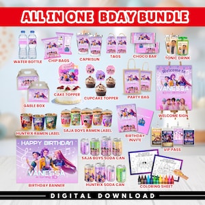 Op de afbeelding: Een verzameling verjaardagsfeestartikelen, waaronder waterflessen, chipszakken, Capri Sun-drankjes, labels, een chocoladereep en een tonicdrank. Bevat ook een taarttopper, cupcake-toppers, feesttassen en een welkomstbord. Het thema is een verjaardagsfeest.