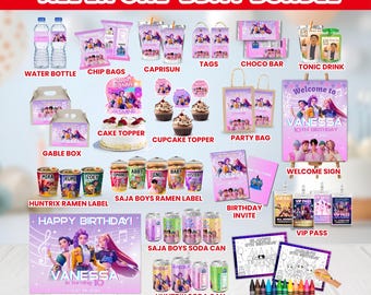 Paquete de fiesta de cumpleaños de cazadores de demonios Kpop, etiquetas Kpop, decoraciones para fiestas Kpop, cumpleaños de Saja Boys Huntrix: etiqueta de jugo, barra de chocolate, pancarta de caja con marco