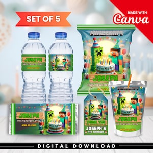 May include: A set of 5 Minecraft-themed party favors, including water bottle labels, a chip bag, a candy bar wrapper, a tag, and a juice pouch. Each item features a birthday cake and the text "Joseph has reached level 7".