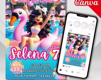 Zaproszenie na imprezę urodzinową Robl0x Girl Pool Party, zaproszenie na imprezę w stylu Blox Summer Party, zaproszenie na imprezę dla dziewczyny Pool Party, przyjęcie urodzinowe dla dzieci, szablon Canva