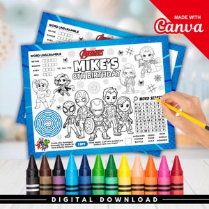 May include: A rectangular activity sheet featuring black and white line art of Marvel Avengers characters, a word scramble, a word search, a maze, and the text Mike's 8th Birthday. A row of twelve colorful wax crayons is positioned below the sheet.