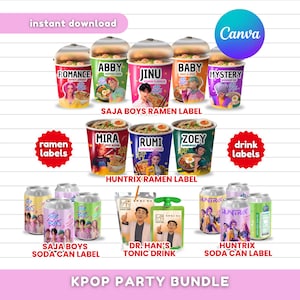 以下が含まれることがあります： ラーメンとソーダ缶のラベル、トニックドリンクのラベルが特徴のK-POPパーティーバンドル。ラーメンのラベルには、Romance、Abby、Jinu、Baby、Mystery、Mira、Rumi、Zoeyなどの名前が含まれています。ソーダ缶にはSaja BoysとHuntrixのラベルが付いています。