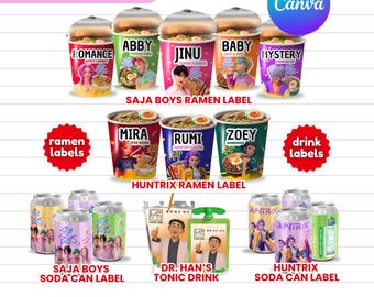 Étiquettes de fête Kpop Demon Hunters, lot d'anniversaire Kpop Huntrix et Saja Boys : nouilles ramen, étiquettes de canettes de soda, étiquette de boisson Dr Hans Tonic