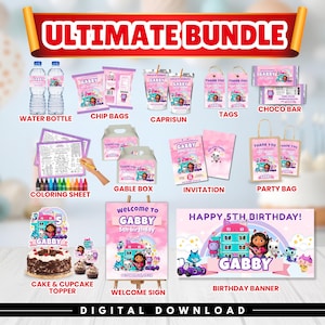 Può includere: Un set di articoli per feste a tema Gabby's Dollhouse che include etichette per bottiglie d'acqua, sacchetti di patatine, bustine di succo, etichette regalo, incarti per cioccolato, fogli da colorare, scatole, inviti, sacchetti regalo e striscioni.