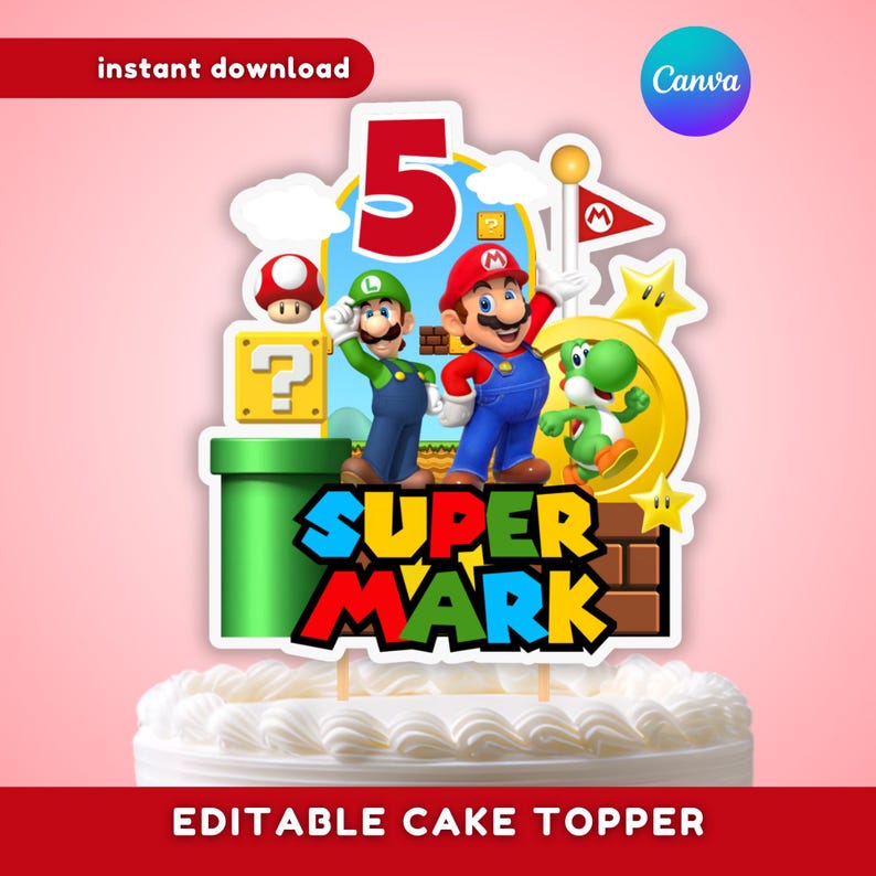 K&ouml;nnte beinhalten: Ein Tortenaufleger im Super Mario Design mit den Charakteren Mario, Luigi und Yoshi. Das Motiv enth&auml;lt eine gro&szlig;e rote Zahl 5, ein gr&uuml;nes Rohr, einen gelben Fragezeichenblock, eine Goldm&uuml;nze und Sterne. Der Text SUPER MARK ist in fetten, bunten Buchstaben dargestellt.