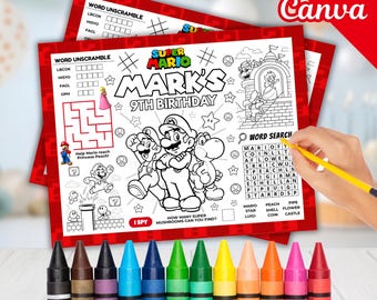 Edytowalna podkładka z aktywnościami Super Mario, personalizowana podkładka z aktywnościami z motywem galaktyki Mario, kolorowanka Super Bros, upominki urodzinowe dla dzieci