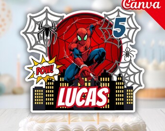 Edytowalna ozdoba na tort urodzinowy Spiderman, drukowana ozdoba na tort Spider-Mana Marvela: cyfrowy szablon Canva z superbohaterem, dekoracja na przyjęcie dla dzieci
