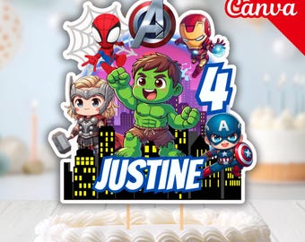 Bearbeitbarer Superhelden-Geburtstags-Kuchendeckel, Avengers-Thema Cake Topper-Dekor: Chibi-Superhelden-Rächer-Mittelstücke, Kindergeburtstagsdekoration