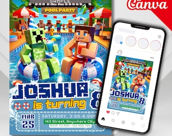 Zaproszenie na imprezę urodzinową Mine Crafter Pool Party, spersonalizowane zaproszenie do gier Pixel Craft, urodziny gracza, zaproszenie na urodziny Creepera, Canva