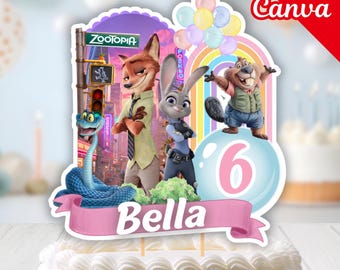Editable Zootopia Birthday Cake Topper, Printable Zootropolis Cake Topper Decor: Fox & Rabbit Adventure, Judy and Nick Centerpieces, Canva