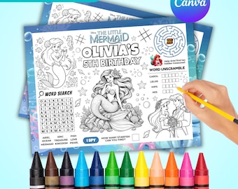 Editable Little Mermaid Ariel Activity Placemat Sheet, Mermaid Princess Party Activity Sheet, Ocean Party Coloring Page, Kids Birthday Favor