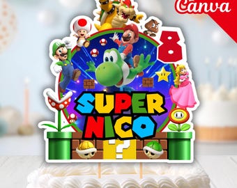 Edytowalna ozdoba na tort urodzinowy Mario Galaxy, drukowana ozdoba na tort Super Mario: centralny element Super Bros, upominki na przyjęcie dla dzieci, ozdoba Canva