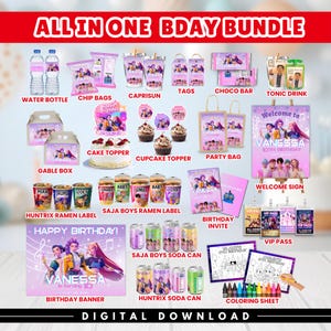 May include: A collection of birthday party supplies, including water bottles, chip bags, Capri Sun drinks, tags, a chocolate bar, and a tonic drink. Also includes a cake topper, cupcake toppers, party bags, and a welcome sign. The theme is a birthday celebration.