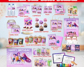 K-Pop Style Mega Party Geburtstag Bundle: Kpop Printable Set Lila Pink Idol Ramen Etikett Soda Pop Etikett Dr Han Tonic Drink Gable Box Canva