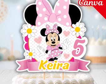 Bearbeitbarer Minnie-Maus-Geburtstags-Kuchendeckel, druckbare Oh Twodles-Kuchendekoration: Niedliches rosa Maus-Herzstück, Kindergeburtstagsdekoration, Canva