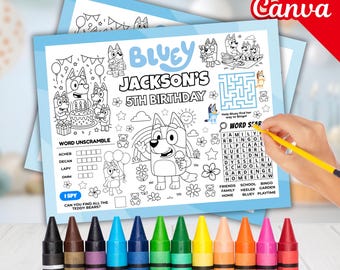 Editable Blue Dog Activity Placemat Sheet, Blue Puppy Party Activity Sheet, Kids Cartoon Dog Coloring Page, Kids Birthday Party Games, Canva