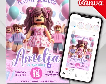 Zaproszenie Roblox Zaproszenie na urodziny dziewczyny Roblox Gamer Coquette Girls Zaproszenie dla dzieci Roblox Party Girl Zaproszenie na urodziny dziewczyny Edytowalny Canva