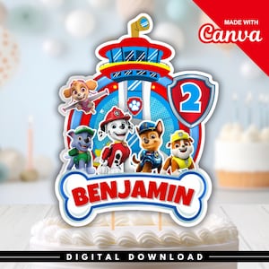 Topo de bolo editável com tema de resgate de filhotes, decoração de bolo imprimível com tema de cachorro herói: Modelo digital Canva de super-cão, decoração de aniversário infantil.