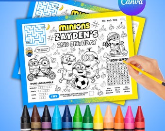 Edytowalna podkładka z aktywnościami Minionki, Arkusz aktywności z Minionkami na przyjęciu bananowym, Kolorowanka z filmu "Jak ukraść księżyc", Upominki na przyjęcie urodzinowe Minionków