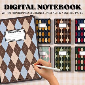 Puede incluir: Cuadernos digitales con diseños de rombos en varios colores. La imagen muestra una tableta con un patrón de rombos marrón, beige y azul claro, y seis cuadernos adicionales con diferentes combinaciones de colores de rombos. El texto "DIGITAL NOTEBOOK" está en la parte superior.