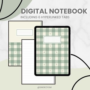 Puede incluir: Cuaderno digital con un patrón de cuadros verdes y 6 pestañas con hipervínculos. El cuaderno se muestra en una tableta y dos cuadernos de papel. El texto "DIGITAL NOTEBOOK" y "INCLUDING 6 HYPERLINKED TABS" son visibles.