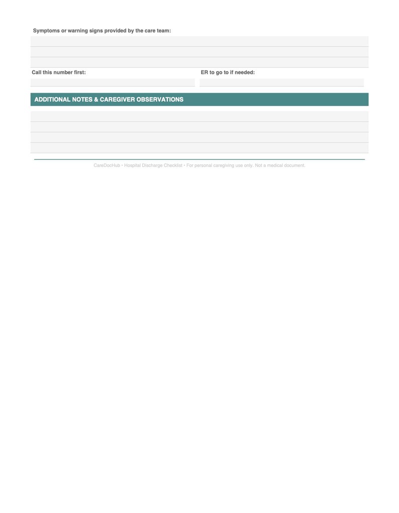 Hospital Discharge Checklist | Printable Caregiver Form | Home Care ...