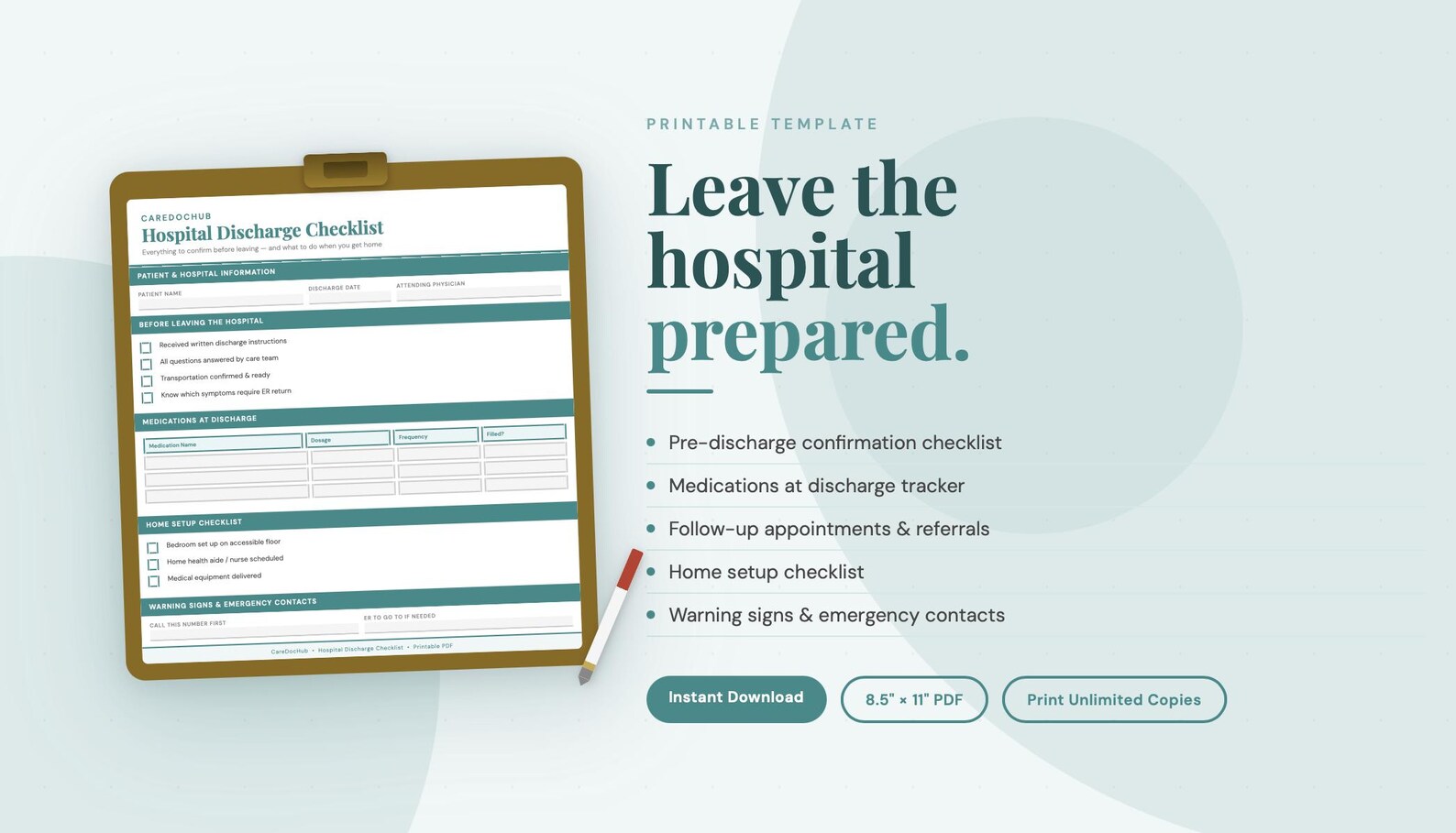 Hospital Discharge Checklist | Printable Caregiver Form | Home Care ...