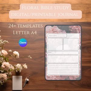 May include: A digital floral Bible study journal with a pink floral design. The journal includes templates for note-taking, with sections for book and chapter, key people, themes, questions, and summary. The text on the image reads "Floral Bible Study, Digital/Printable Journal, 24+ Templates, Letter A4."