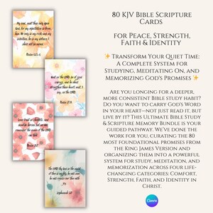 May include: 80 KJV Bible Scripture Cards for peace, strength, faith, and identity. The cards feature watercolor floral designs and Bible verses. The text on the cards includes scripture references and inspirational quotes. The cards are designed for studying, meditation, and memorization.