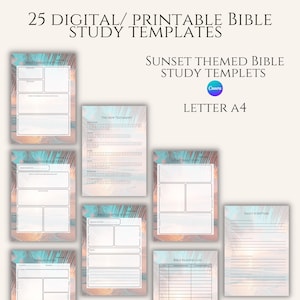 May include: A collection of 25 digital and printable Bible study templates. The templates have a sunset theme and include sections for Bible chapter study, sermon notes, and daily scripture. The text includes "Sunset Themed Bible Study Templets" and "Letter A4".